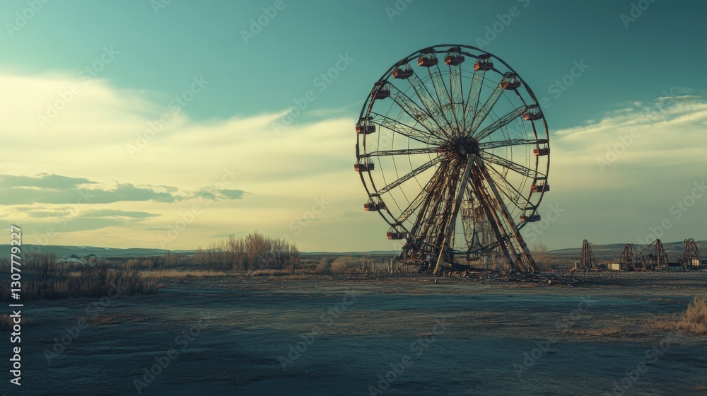 Abandoned Ferris Wheel in Desolate Landscape Under a Cloudy Sky Abandoned Ferris Wheel in Desolate Landscape Under a Cloudy Sky