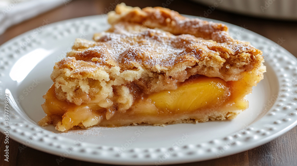 Peach Cobbler on a white dessert plate. The slice shows a moist, tender crumb with juicy, cinnamon-spiced peach filling and a golden, buttery topping Peach Cobbler on a white dessert plate. The slice shows a moist, tender crumb with juicy, cinnamon-spiced peach filling and a golden, buttery topping