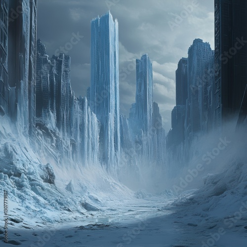 Frozen Landscape with Ice Structures and Dramatic Cloudy Sky