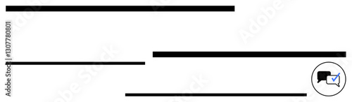 Simplified messaging interface lines and chat bubble with verification checkmark. Ideal for communication, authenticity, interaction, online chats, digital apps, customer support, flat simple
