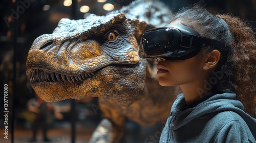 Fototapeta Naklejka Na Ścianę i Meble -  Girl wearing VR headset standing next to realistic dinosaur model.