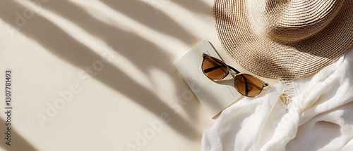 A straw hat sunglasses and book sit in soft sunlight