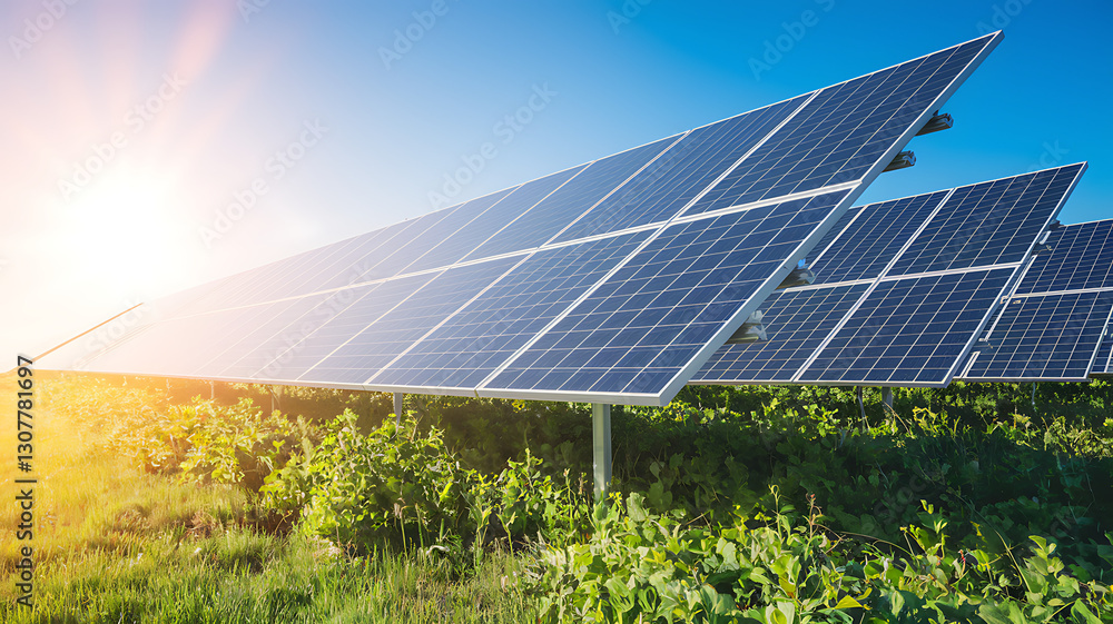 Solar Panels in a Green Field under Bright Sunlight Solar Panels in a Green Field under Bright Sunlight
