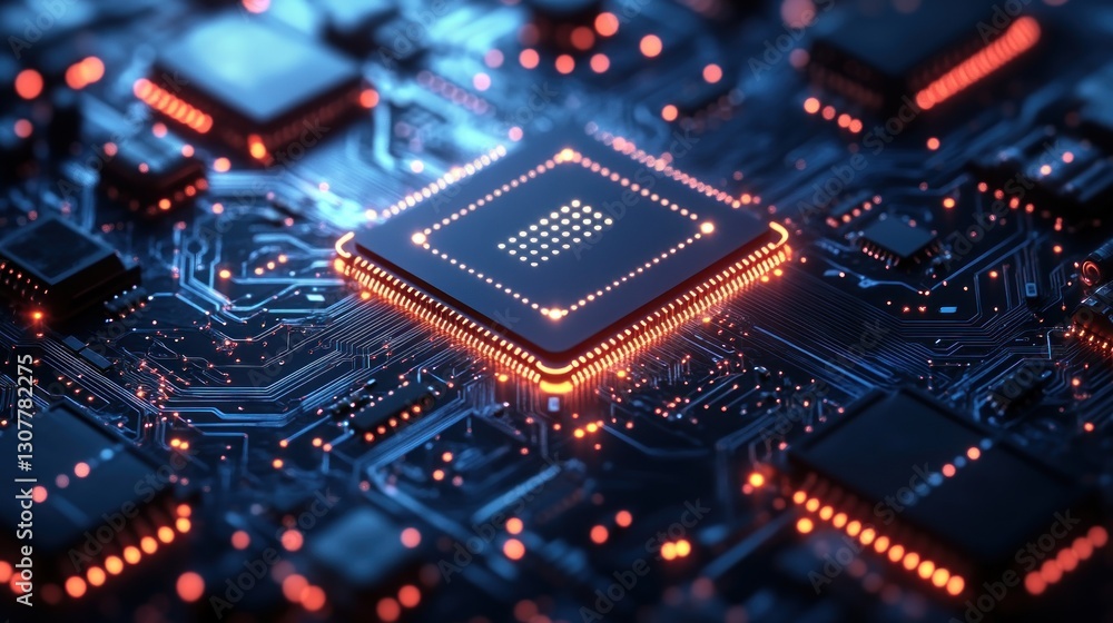 High-tech CPU on circuit board, glowing, futuristic High-tech CPU on circuit board, glowing, futuristic