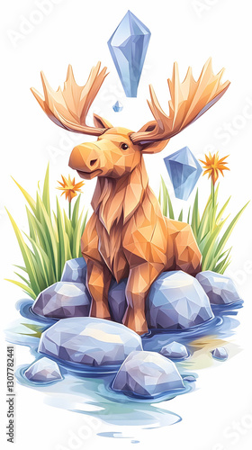 Majestic Moose by Water, Low-Poly Style, Nature Scene, Game Asset photo