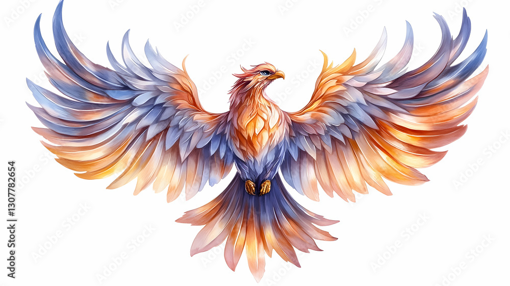 Fototapeta premium Majestic phoenix in flight, vibrant plumage, white background; ideal for fantasy art, design, or symbolism
