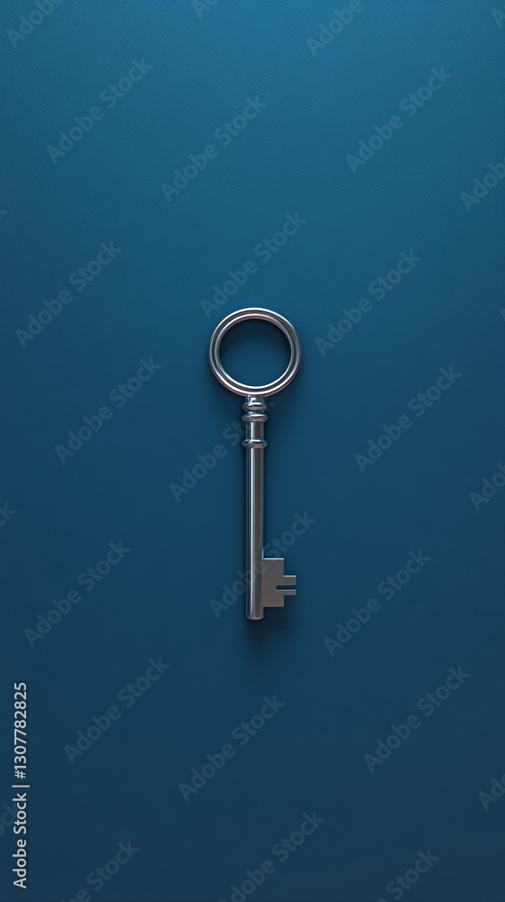 Silver key on blue background, simple design, symbolizing access, opportunity, or solution Silver key on blue background, simple design, symbolizing access, opportunity, or solution
