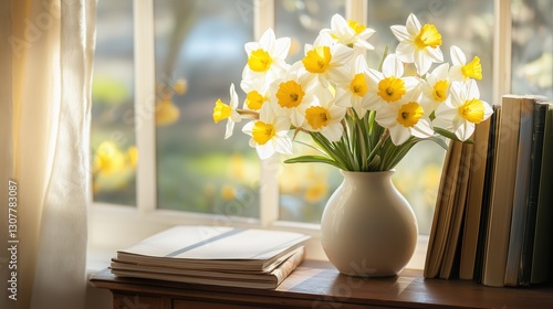 Wallpaper Mural A bright and airy scene featuring a vase of yellow and white daffodils on a wooden windowsill, bathed in warm sunlight Torontodigital.ca