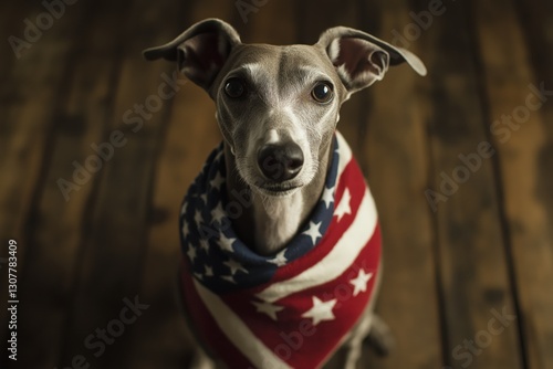 A greyhound dog wearing an American flag bandana, sitting on a rustic wooden floor, looking directly at the camera with an attentive expression