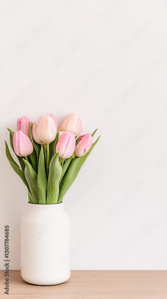 Vertical view of a modern pink tulip bouquet in a white vase for elegant home decor Vertical view of a modern pink tulip bouquet in a white vase for elegant home decor