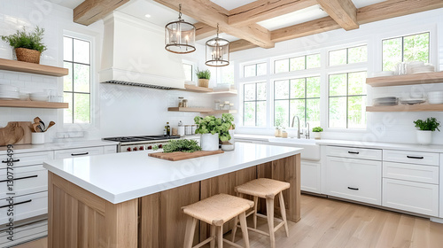Modern kitchen interior with white cabinets, wooden beams, island, and large windows for cooking, interior design