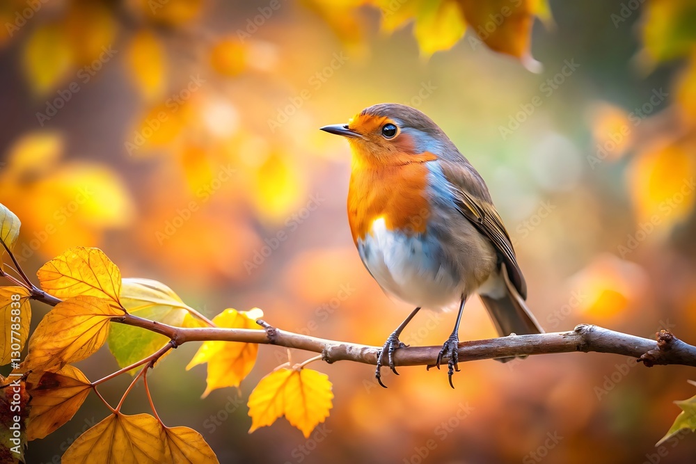 Fototapeta premium Small Bird Perched on Autumn-Colored Branch 