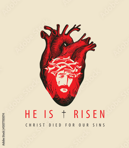 banner or greeting card with portrait of crying Jesus Christ wearing crown of thorns on red heart background. Vector illustration on religious theme with Son of God with inscription He is risen