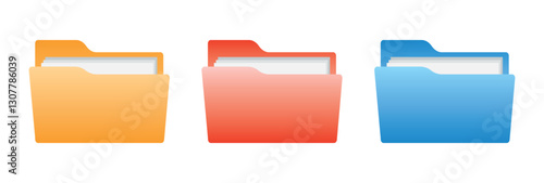 Folders for files. A collection of office folders with documents. An open folder of digital data. A set of red, yellow, and blue folders. Set of icons, logo. EPS 10. Vector illustration