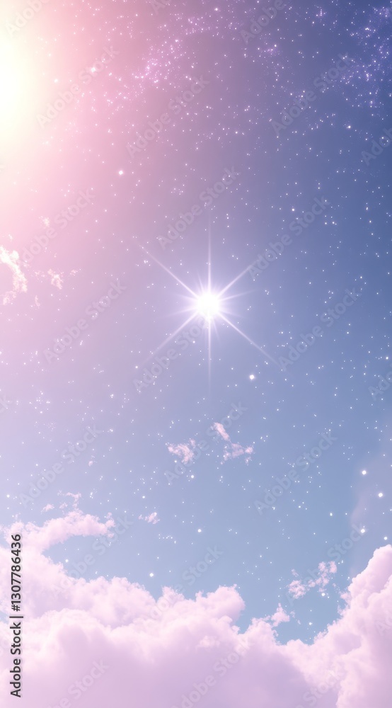 Fototapeta premium Background of a blue sky with clouds and a bright star in the distance. Star stands out in a clear blue sky in a serene and tranquil atmosphere.