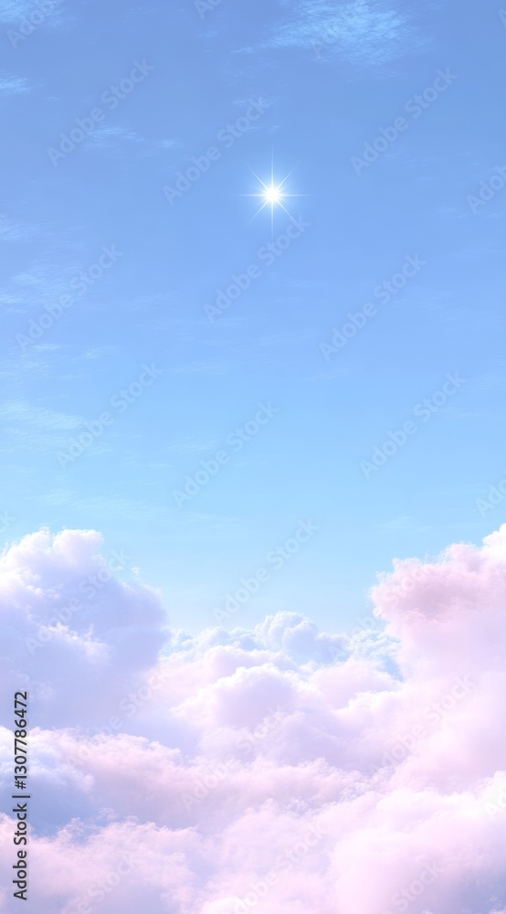 Fototapeta premium Background of a blue sky with clouds and a bright star in the distance. Star stands out in a clear blue sky in a serene and tranquil atmosphere.