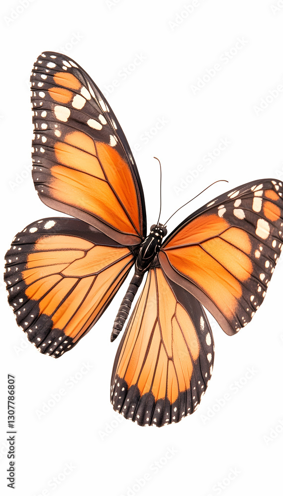 Fototapeta premium Monarch Butterfly in Flight Isolated on White; Nature Photography; Ideal for educational materials or nature-themed designs