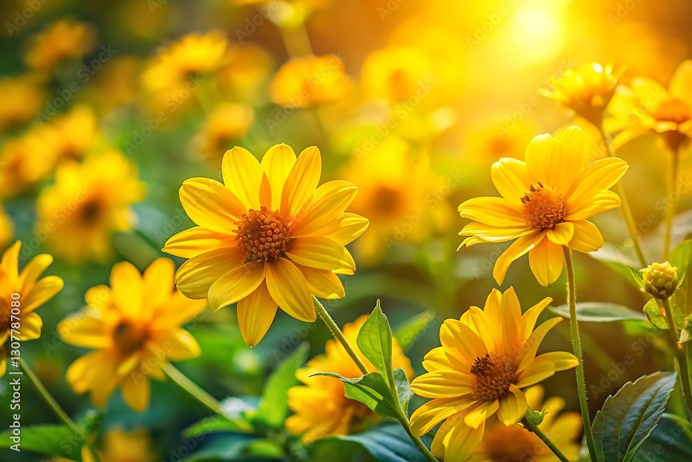 Vibrant Yellow Flowers in Bloom with Green Leaves Vibrant Yellow Flowers in Bloom with Green Leaves