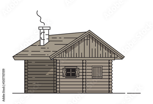 Wooden Chalet vectors, Wooden cabins and log houses nestled in a forested mountain village or campsite. These small cottages, featuring chimneys, porches, and stairs, are depicted in a vector cartoon 