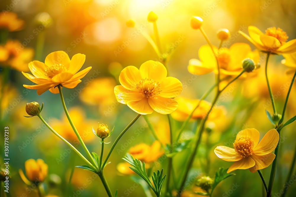 Fototapeta premium Vibrant Yellow Flowers in Bloom with Green Leaves