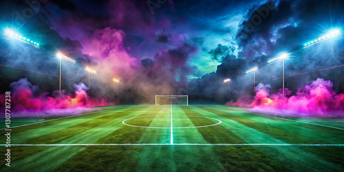 A soccer field at night showcases glowing lights and vibrant colors framing the pitch. The field is enveloped in fog, creating a magical ambiance for upcoming matches