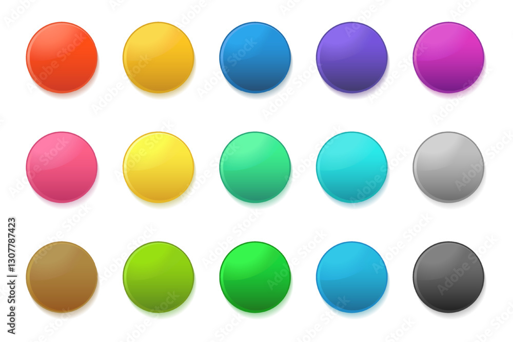 3d color round buttons. Icons of blue, green, red, yellow, pink and purple circle isolated on white background. Set of color plastic buttons with shadows, vector illustration 3d color round buttons. Icons of blue, green, red, yellow, pink and purple circle isolated on white background. Set of color plastic buttons with shadows, vector illustration