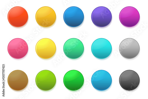 3d color round buttons. Icons of blue, green, red, yellow, pink and purple circle isolated on white background. Set of color plastic buttons with shadows, vector illustration