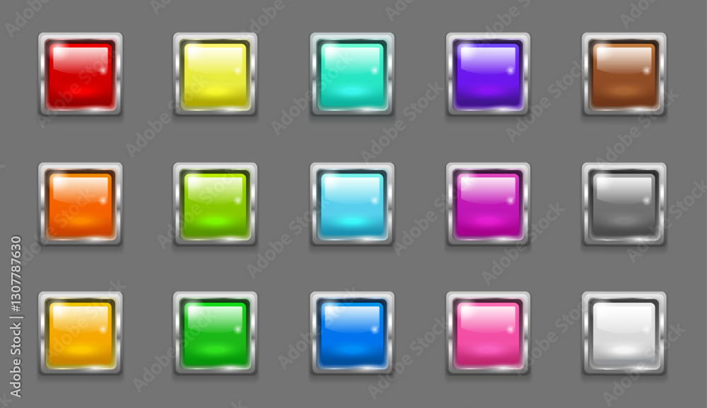 Square web buttons with metal frame. 3d glossy icons with silver border. Modern blank shiny glass buttons different colors with steel frames isolated on background, vector illustration Square web buttons with metal frame. 3d glossy icons with silver border. Modern blank shiny glass buttons different colors with steel frames isolated on background, vector illustration