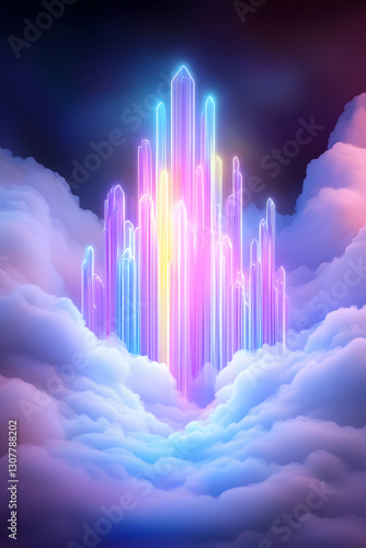 Neon Crystal City above Cloudscape; Fantasy, digital art, wallpaper, phone background photo