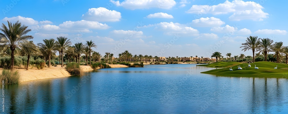 Fototapeta premium Al Qudra Lakes with desert oasis and swans
