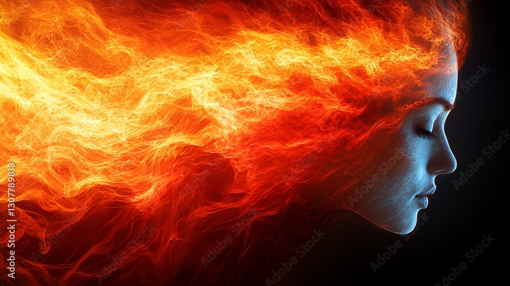 Woman's face engulfed in fiery, flowing flames. Woman's face engulfed in fiery, flowing flames.