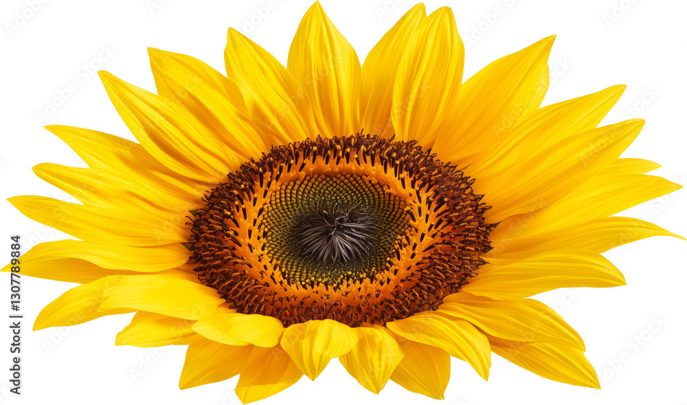 Fototapeta premium Single sunflower with bright yellow petals and brown center. Transparent background. PNG file for digital use, graphic design, and print projects.