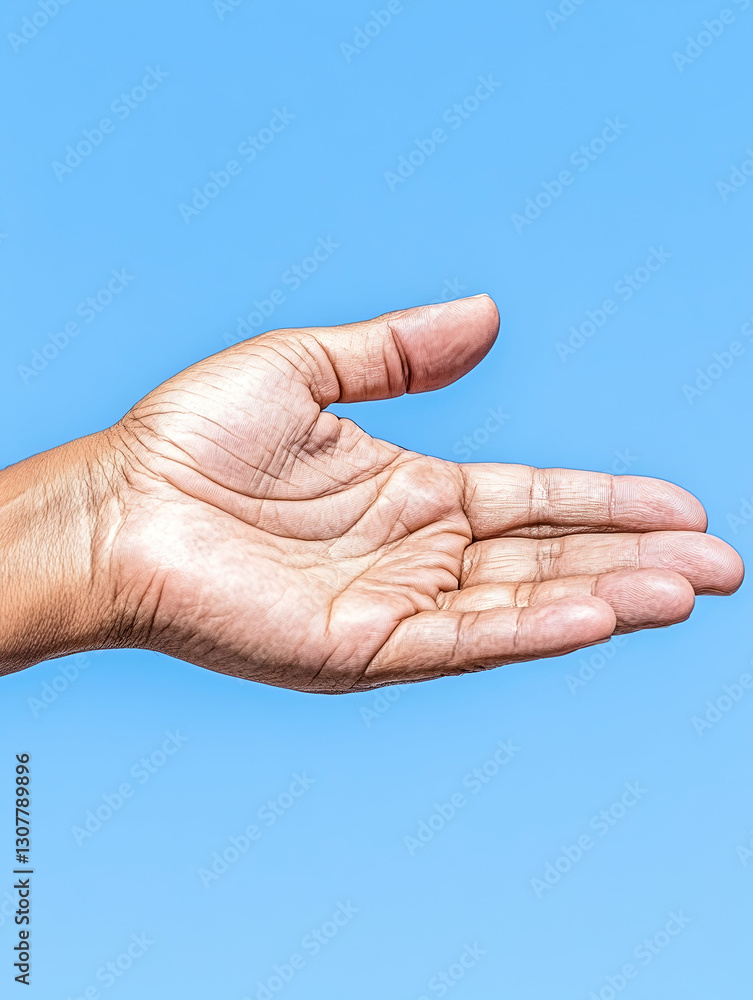 Open hand against blue sky; offering, help, hope concept; website, social media Open hand against blue sky; offering, help, hope concept; website, social media