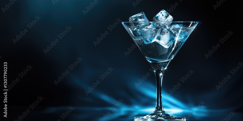 A martini glass filled with ice cubes, illuminated by a blue light, against a dark background, copy space A martini glass filled with ice cubes, illuminated by a blue light, against a dark background, copy space