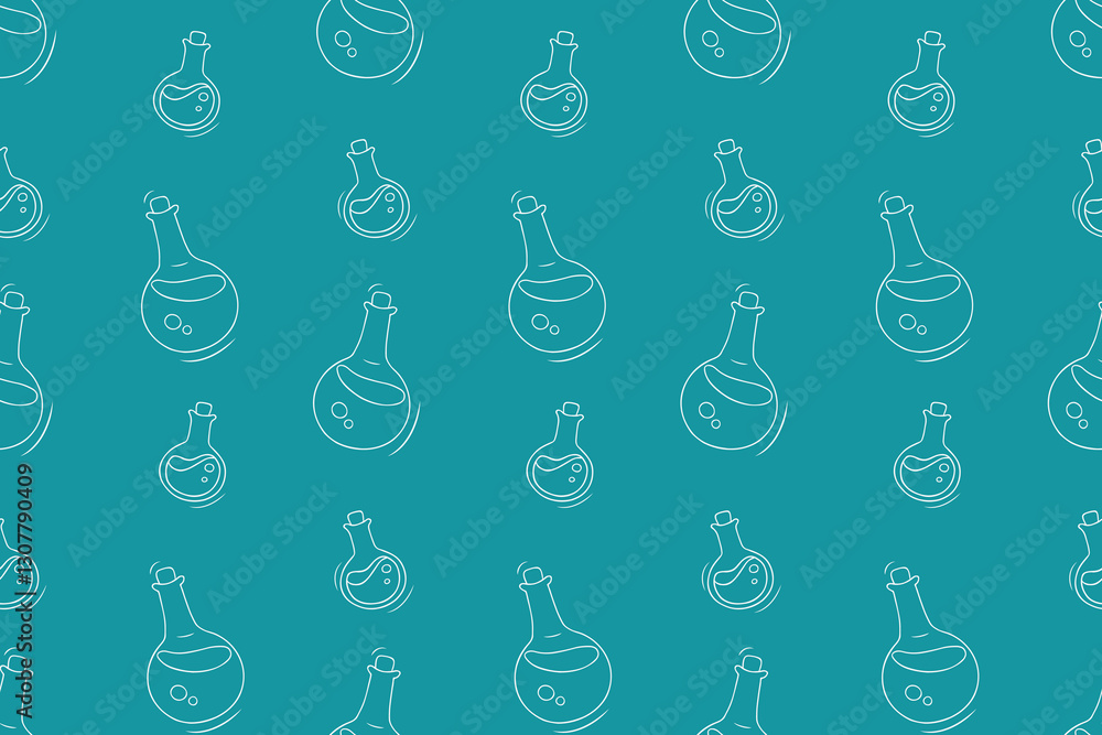 Halloween pattern with bottles with magic potion, poison, elixir. Sketch background with witch glass jars, vintage alchemy and apothecary bottles with potions, vector hand drawn seamless pattern Halloween pattern with bottles with magic potion, poison, elixir. Sketch background with witch glass jars, vintage alchemy and apothecary bottles with potions, vector hand drawn seamless pattern