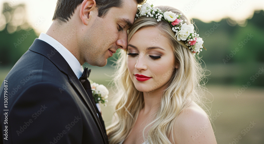 Bride with floral crown looking down while groom leans in closely during a romantic outdoor wedding shoot. Bride with floral crown looking down while groom leans in closely during a romantic outdoor wedding shoot.