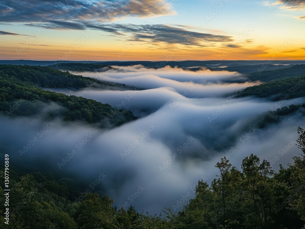 Serene Misty Valley Landscape at Sunrise with Soft Cloud Cover Serene Misty Valley Landscape at Sunrise with Soft Cloud Cover