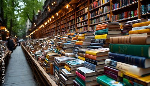 Outdoor book market rows of books under a leafy canopy