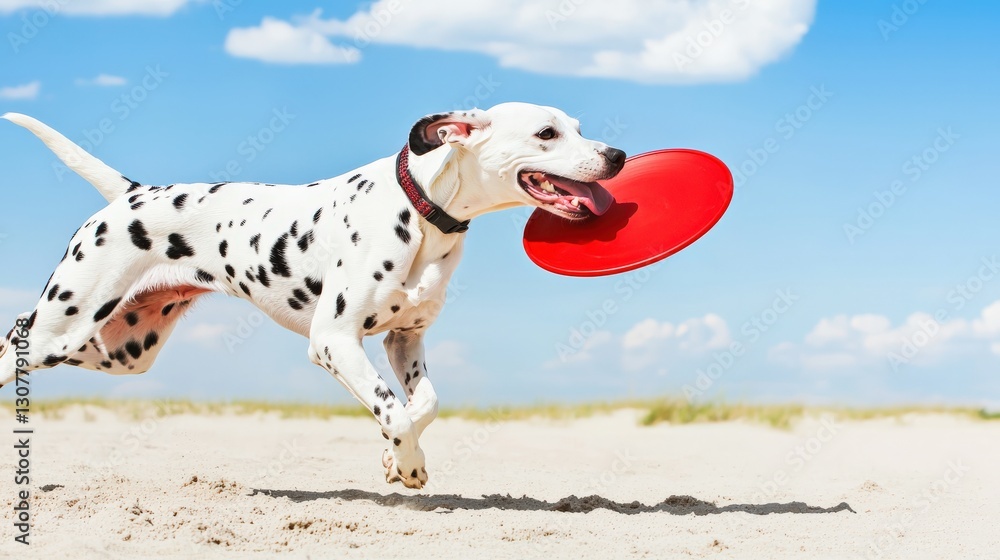 Playful Dalmatian Trotting on Sand with Frisbee in Its Mouth Playful Dalmatian Trotting on Sand with Frisbee in Its Mouth