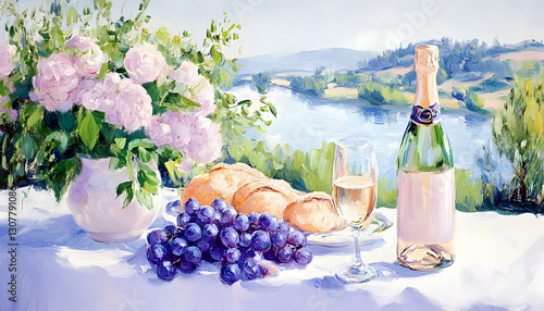 Painted still life of flowers, food, and champagne on a table by a river for celebratory invitations