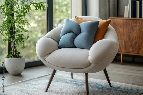 Modern Comfort: A Plush Armchair with Decorative Pillows Invites Relaxation in a Stylish Living Room.