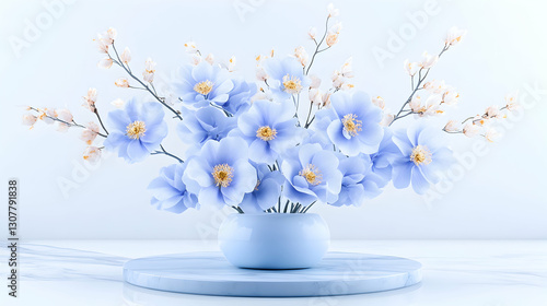 Pastel blue floral arrangement in minimalist setting; ideal for home decor or website design