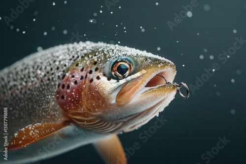 Trout Fish on a Hook – Perfect Banner for Fishing Gear & Outdoor Advertising,Wild Trout Fishing – Stock Image for Outdoor Adventure & Tourism Promotion photo