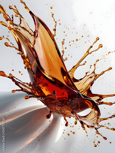 A vibrant splash of amber cognac erupts against a pristine white backdrop, droplets dancing wildly and conveying a sense of fluid motion and energy, captivating the viewer's gaze