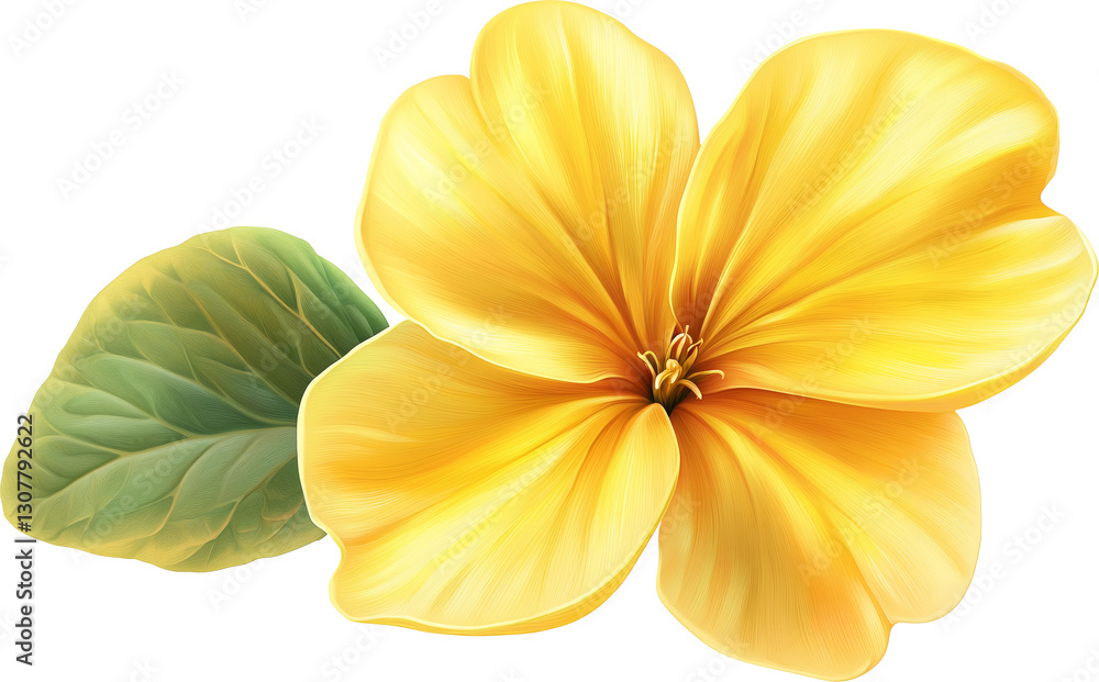 Bright yellow primrose with a delicate texture and soft green leaf. Isolated PNG botanical close-up on a transparent background. Bright yellow primrose with a delicate texture and soft green leaf. Isolated PNG botanical close-up on a transparent background.