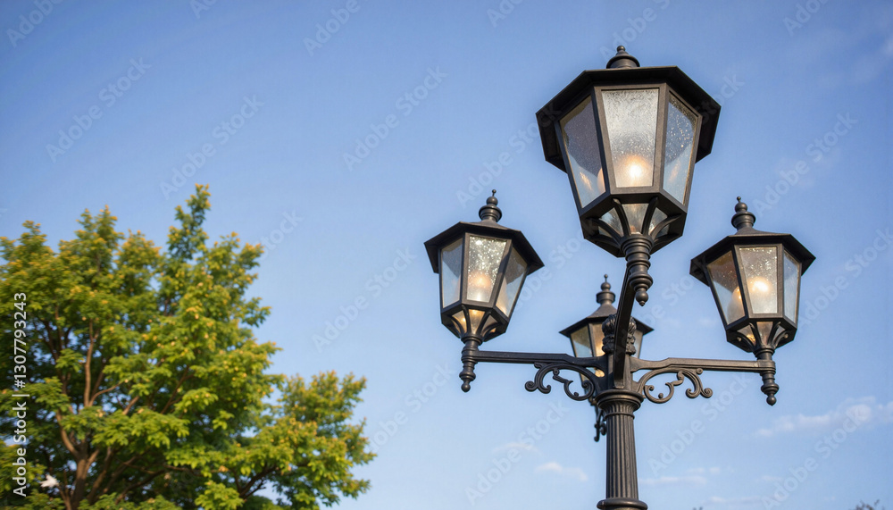 Elegant Victorian street lamp against clear sky, urban charm Elegant Victorian street lamp against clear sky, urban charm