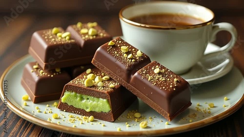 Pieces of Dubai chocolate against a cup of tea