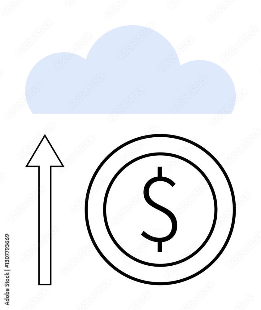 Upward arrow, cloud, and dollar coin represent financial growth, cloud storage, and innovation. Ideal for finance, technology, investment cloud computing savings economic growth success. Flat Upward arrow, cloud, and dollar coin represent financial growth, cloud storage, and innovation. Ideal for finance, technology, investment cloud computing savings economic growth success. Flat