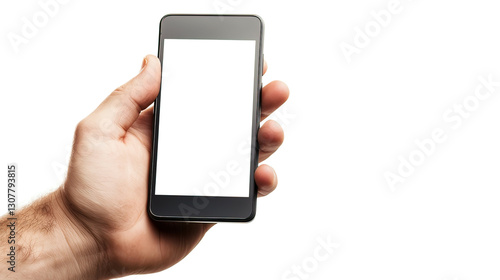 Obraz na płótnie Blank Screen Phone: Man’s hand showing a smartphone with a white screen in vertical orientation, isolated with a pure white background w salonie