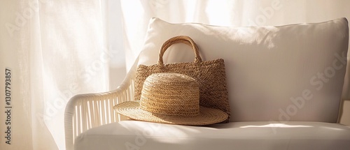 Wicker Chair Holds a Hat and Woven Bag Beside a White Pillow